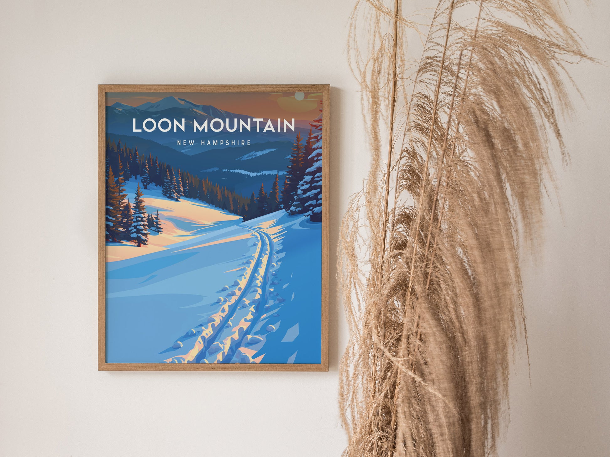 Loon Mountain, New Hampshire Poster | Alpine Ski Lodge Destination Print Wall Art — styled in a modern interior