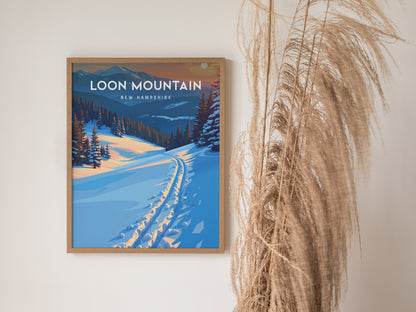 Loon Mountain, New Hampshire Poster | Alpine Ski Lodge Destination Print Wall Art — styled in a modern interior