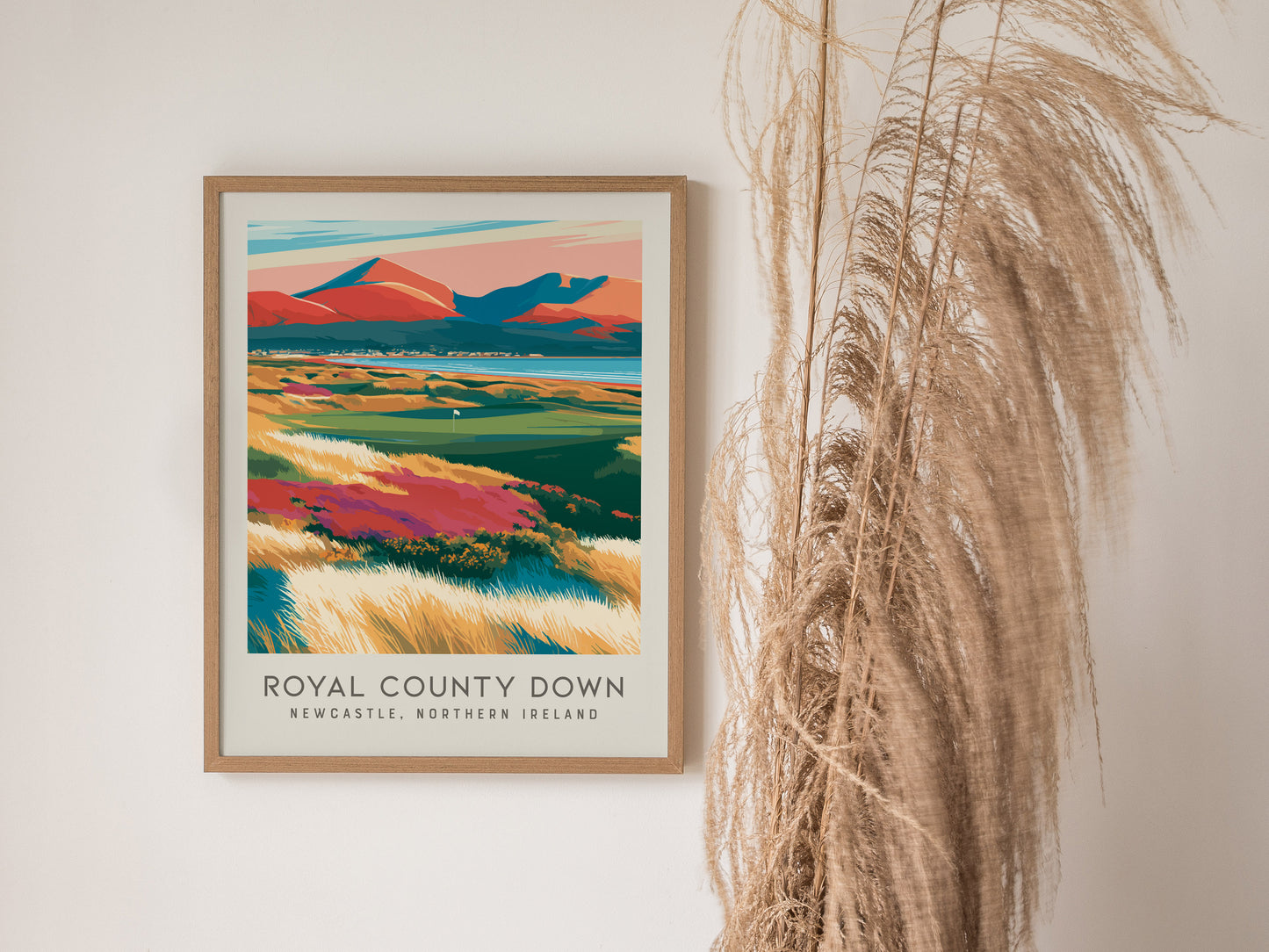 Royal County Down Matte Border Poster | Newcastle, Northern Ireland Golf Course Print Wall Art — styled in a modern interior