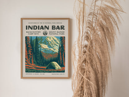 Indian Bar, Mount Rainier National Park Poster | Hiker Gift | Backcountry Trail Wall Art — styled in a modern interior