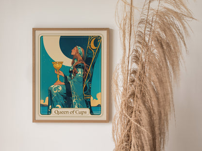 Framed Queen of Cups tarot art poster featuring a serene woman with a golden cup, surrounded by a moonlit backdrop in teal and gold.