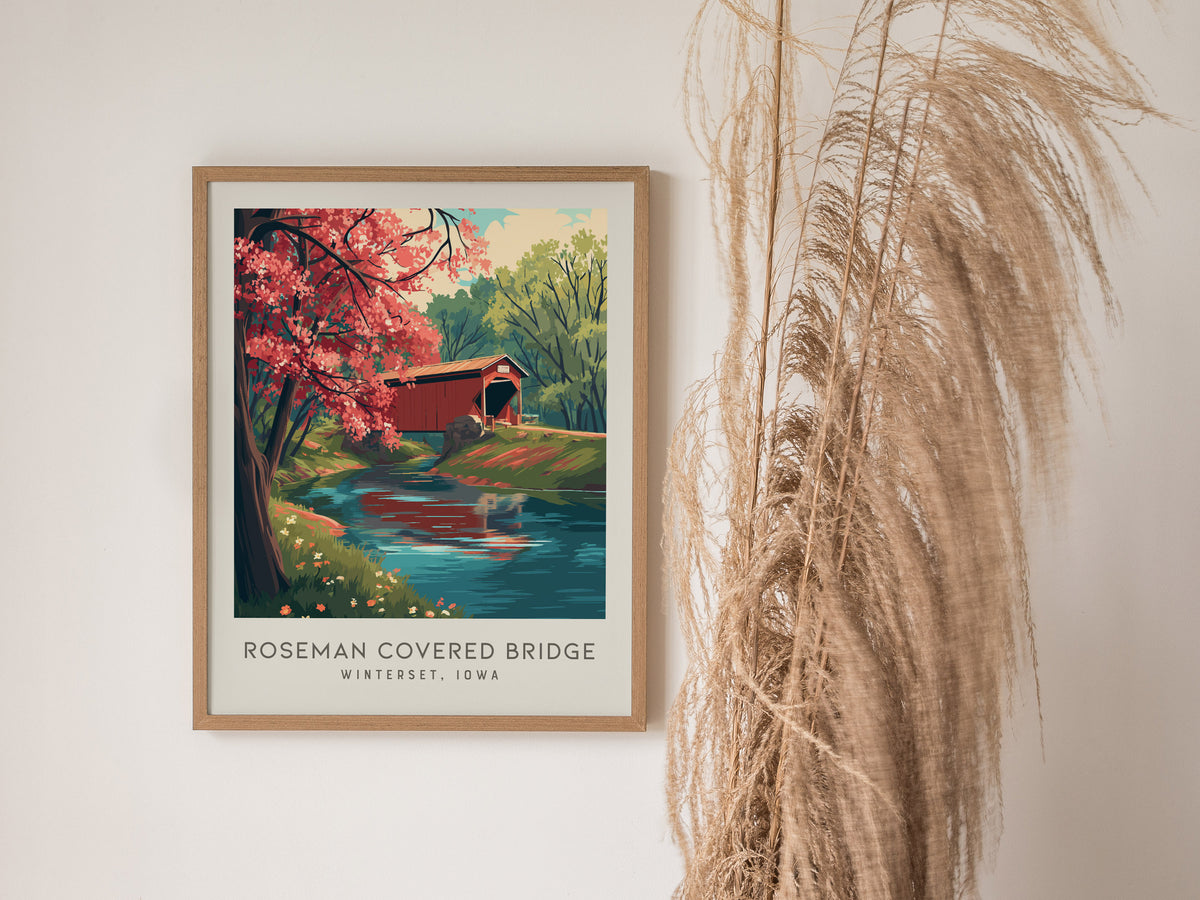 Roseman Covered Bridge Matte Border Poster | Winterset, Iowa Destination Print Travel Wall Art — styled in a modern interior