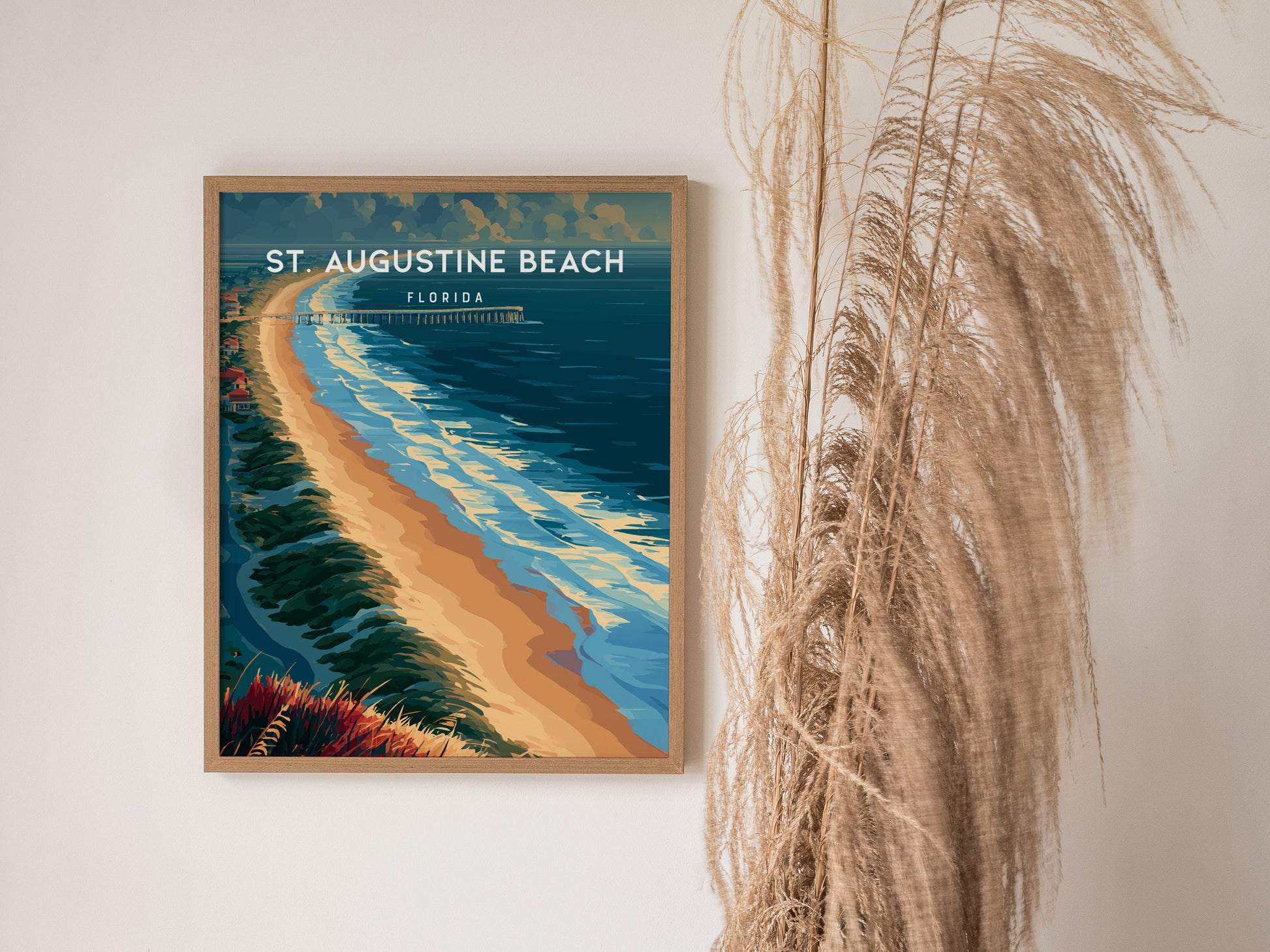 St. Augustine Beach, Florida Poster | Sun-Kissed Shores & Pier Wall Art — styled in a modern interior