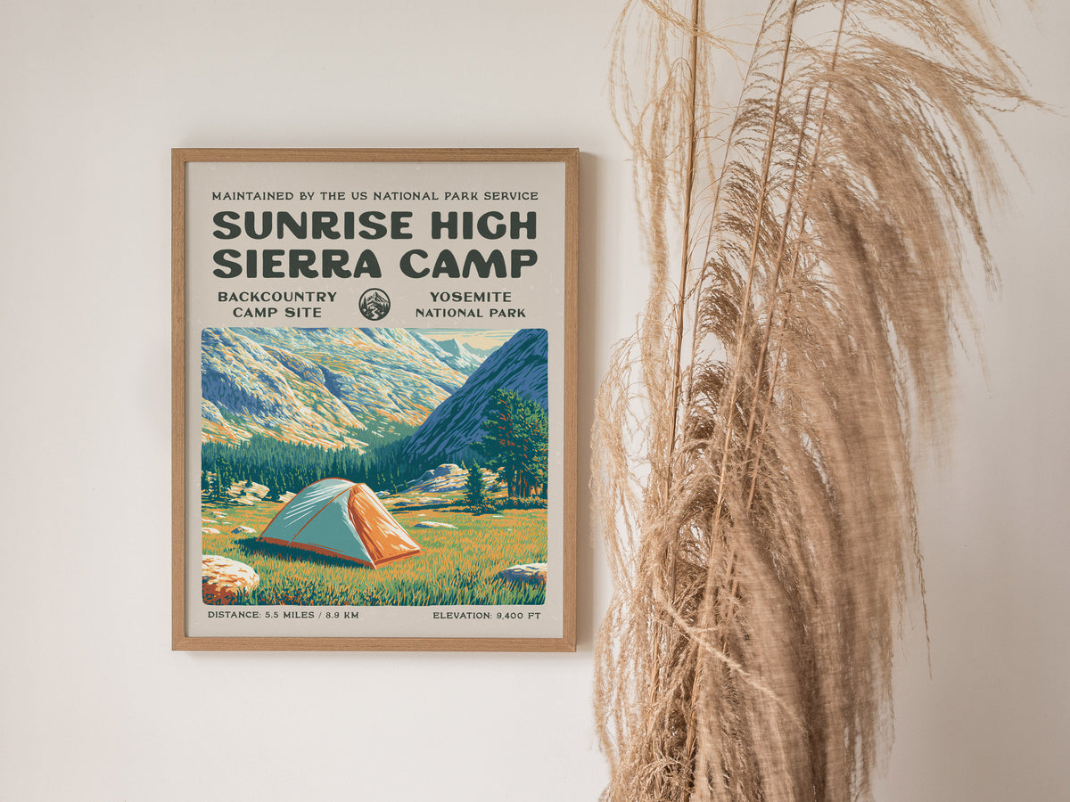 Sunrise High Sierra Camp, Yosemite National Park Poster | Backpacker Gift | Backcountry Trail Wall Art — styled in a modern i