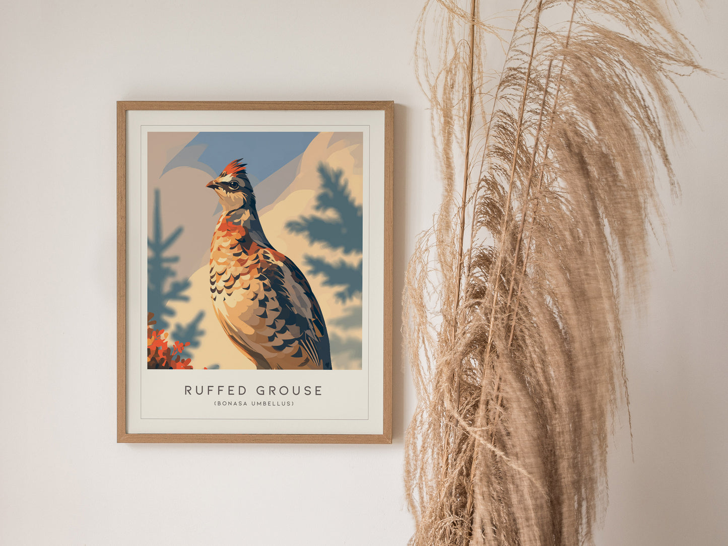 Ruffed Grouse Poster | Woodland Bird in Autumn Forest Wall Art — styled in a modern interior