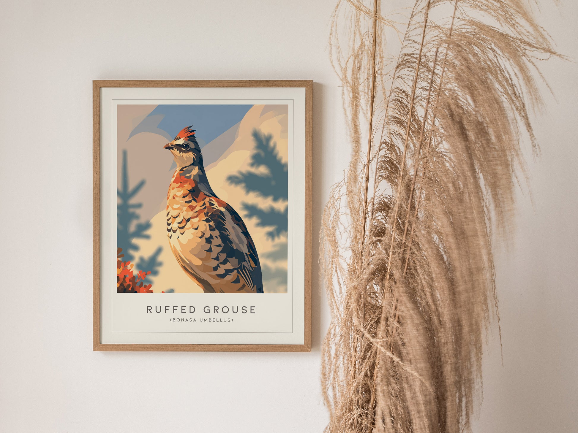 Ruffed Grouse Poster | Woodland Bird in Autumn Forest Wall Art — styled in a modern interior