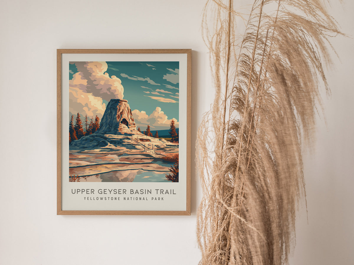 Upper Geyser Basin Trail Matte Border Poster | Yellowstone National Park Destination Print — styled in a modern interior