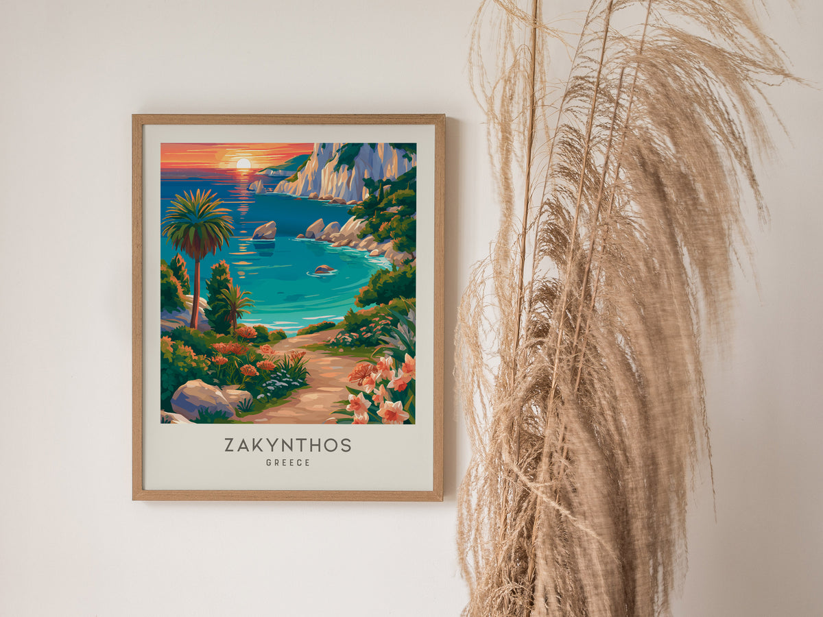 Zakynthos Matte Border Poster | Greece Travel Wall Art — styled in a modern interior