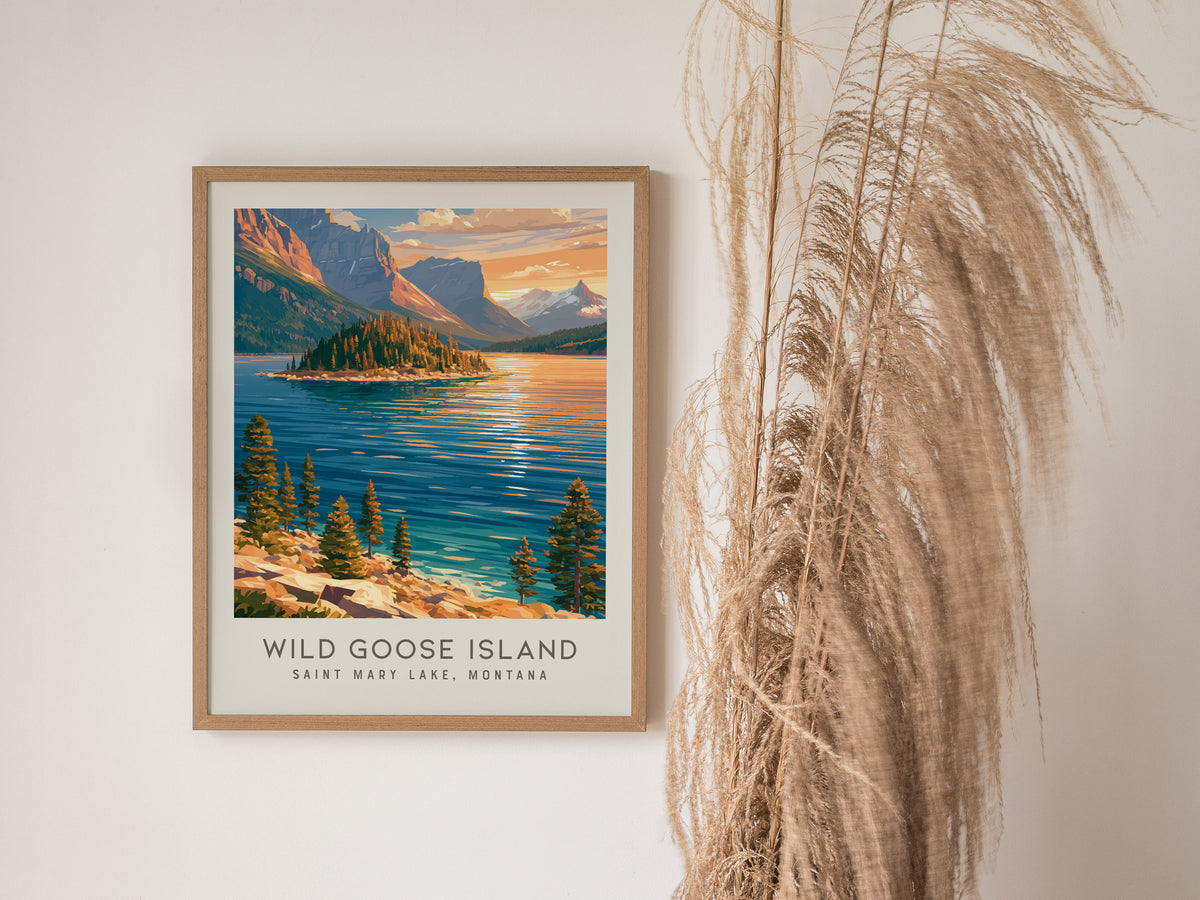Wild Goose Island Matte Border Poster | Saint Mary Lake, Montana Travel Wall Art — styled in a modern interior