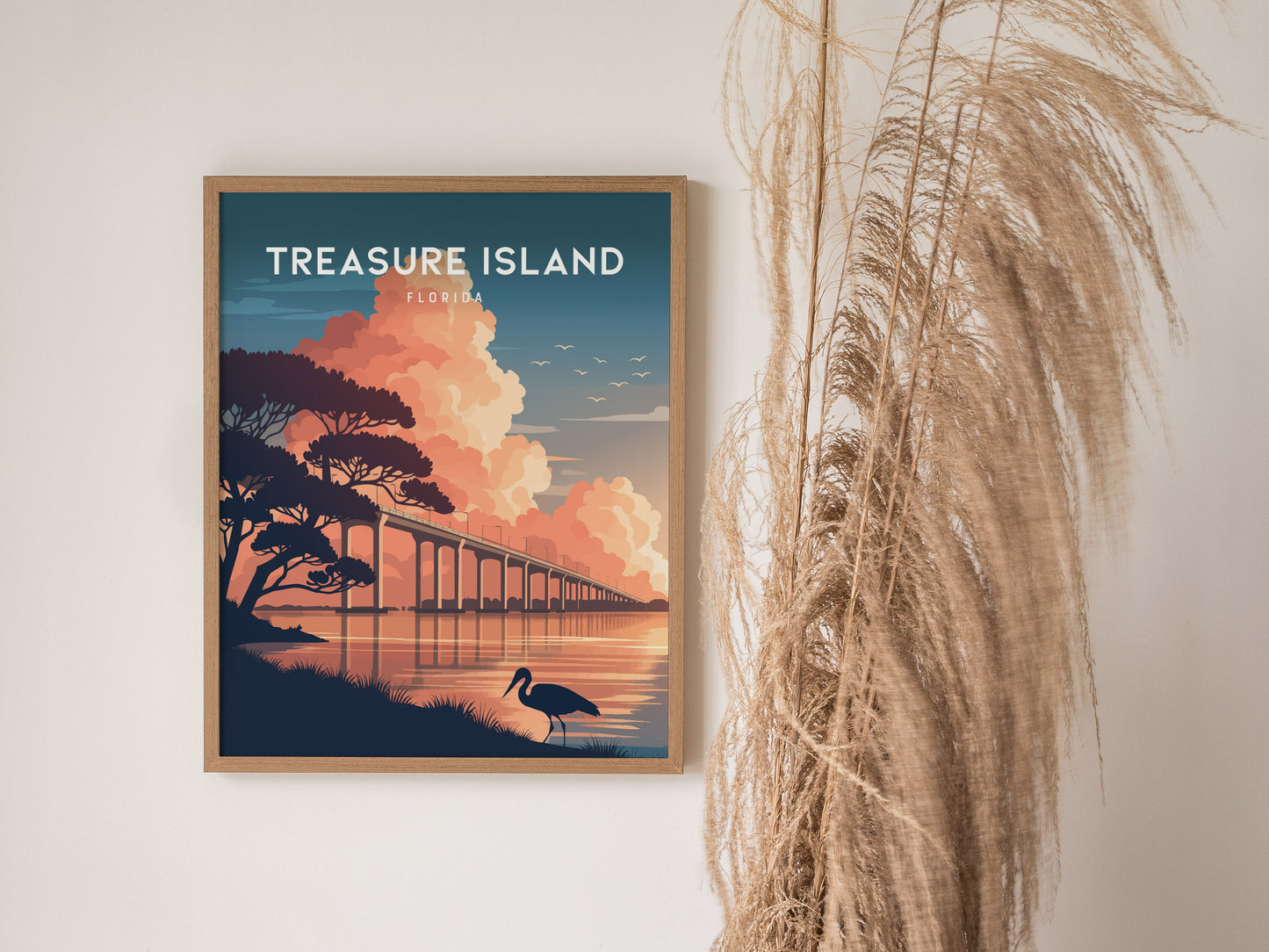 Treasure Island, Florida Poster | Sunset Beach & Lifeguard Tower Wall Art — styled in a modern interior