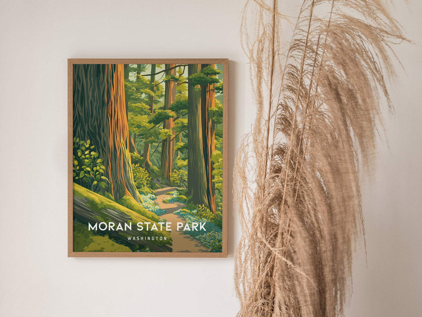 Moran State Park, Washington Poster | Mountain Lake & Evergreen Forest Wall Art — styled in a modern interior