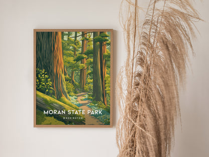 Moran State Park, Washington Poster | Mountain Lake & Evergreen Forest Wall Art — styled in a modern interior