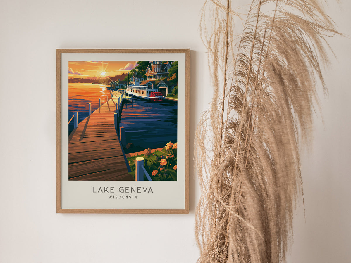 Lake Geneva Matte Border Poster | Wisconsin Travel Wall Art — styled in a modern interior