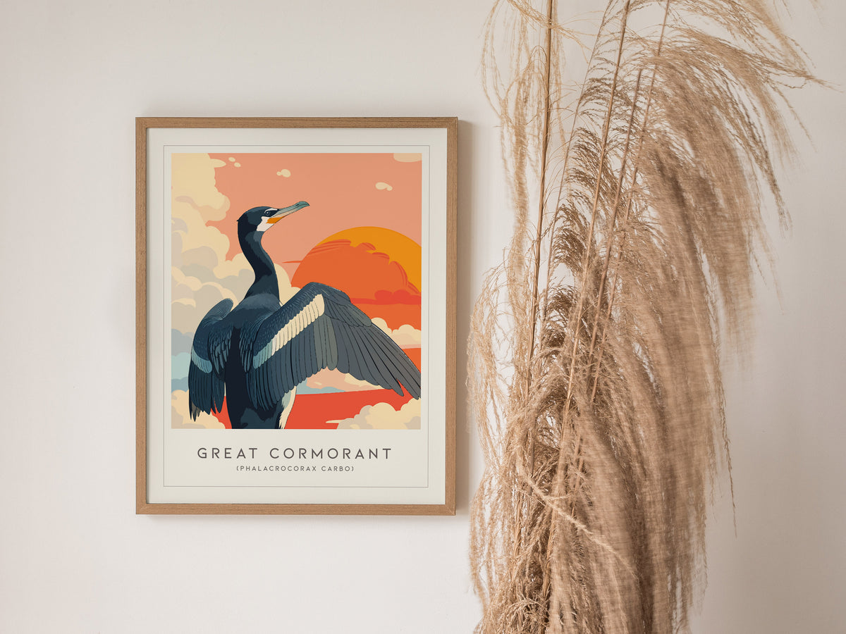 Great Cormorant, Phalacrocorax carbo Poster | Elegant Coastal Bird Wall Art — styled in a modern interior