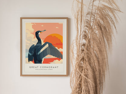 Great Cormorant, Phalacrocorax carbo Poster | Elegant Coastal Bird Wall Art — styled in a modern interior