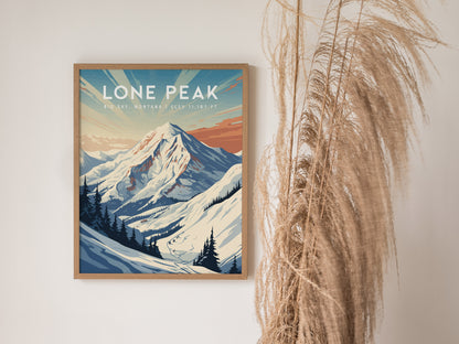 A framed poster of Lone Peak in Big Sky, Montana, features a stylized snow-covered mountain with pine trees, set against a colorful sky. Pampas grass decorates the corner.