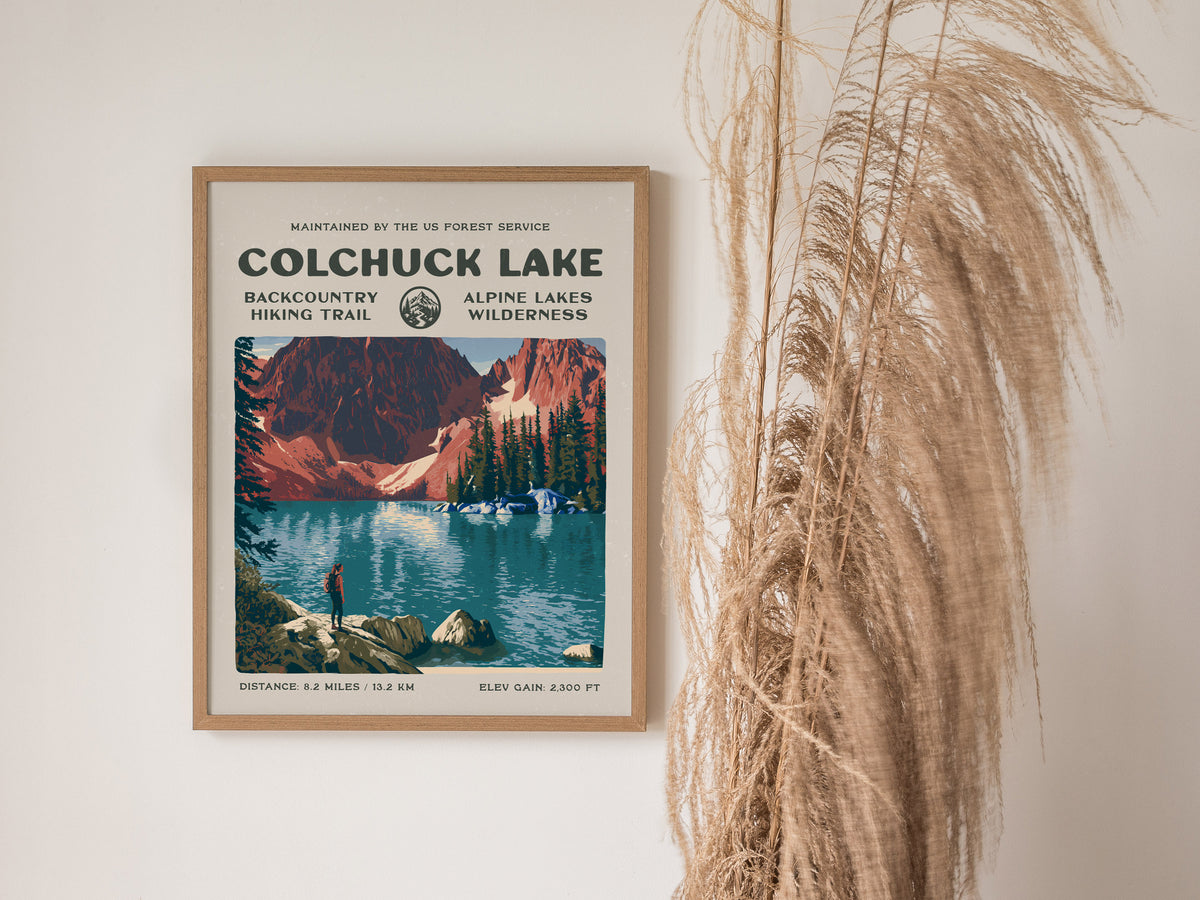 Colchuck Lake, Alpine Lakes Wilderness Poster | Hiker Gift | Backcountry Trail Wall Art — styled in a modern interior