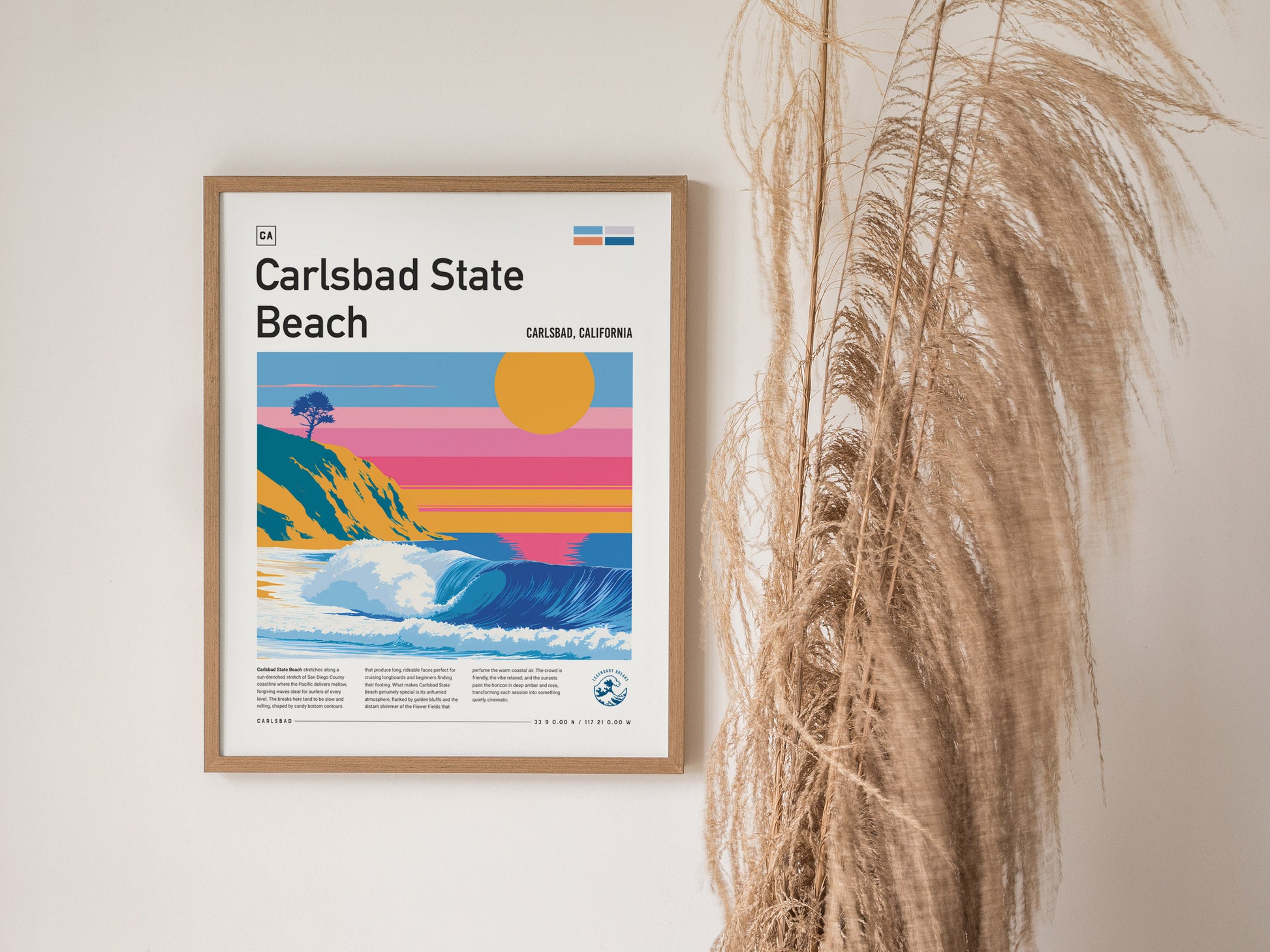 Carlsbad State Beach, California Poster | Golden Cliffs & Surf Coastline Wall Art — styled in a modern interior