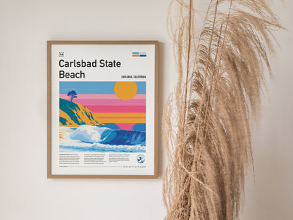 Carlsbad State Beach, California Poster | Golden Cliffs & Surf Coastline Wall Art — styled in a modern interior