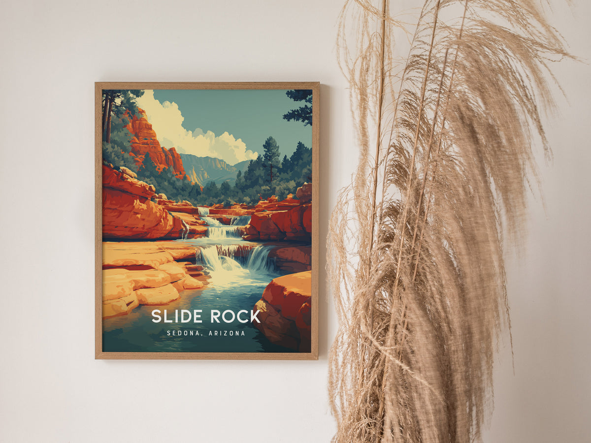 Slide Rock, Sedona, Arizona Poster | Red Rock Swimming Hole Destination Print Wall Art — styled in a modern interior
