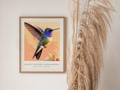 Black-chinned Hummingbird, Archilochus alexandri Poster | Jeweled Bird Wildlife Print Wall Art — styled in a modern interior