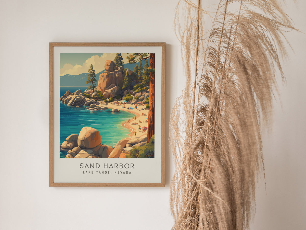 Sand Harbor Matte Border Poster | Lake Tahoe, Nevada Coastal Beach Decor — styled in a modern interior