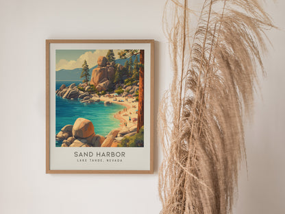 Sand Harbor Matte Border Poster | Lake Tahoe, Nevada Coastal Beach Decor — styled in a modern interior