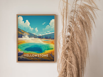 Framed poster of Yellowstones Morning Glory Pool with vibrant blues and yellows, displayed on a white wall next to tall, dried grass.
