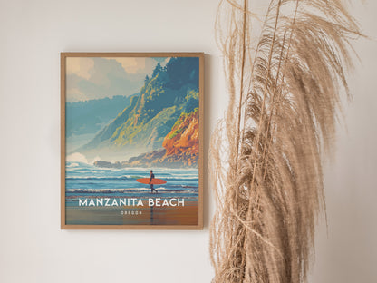 A framed poster of Manzanita Beach in Oregon depicts a vibrant coastal scene with rolling waves, a surfer on a bright orange board, and lush green cliffs.