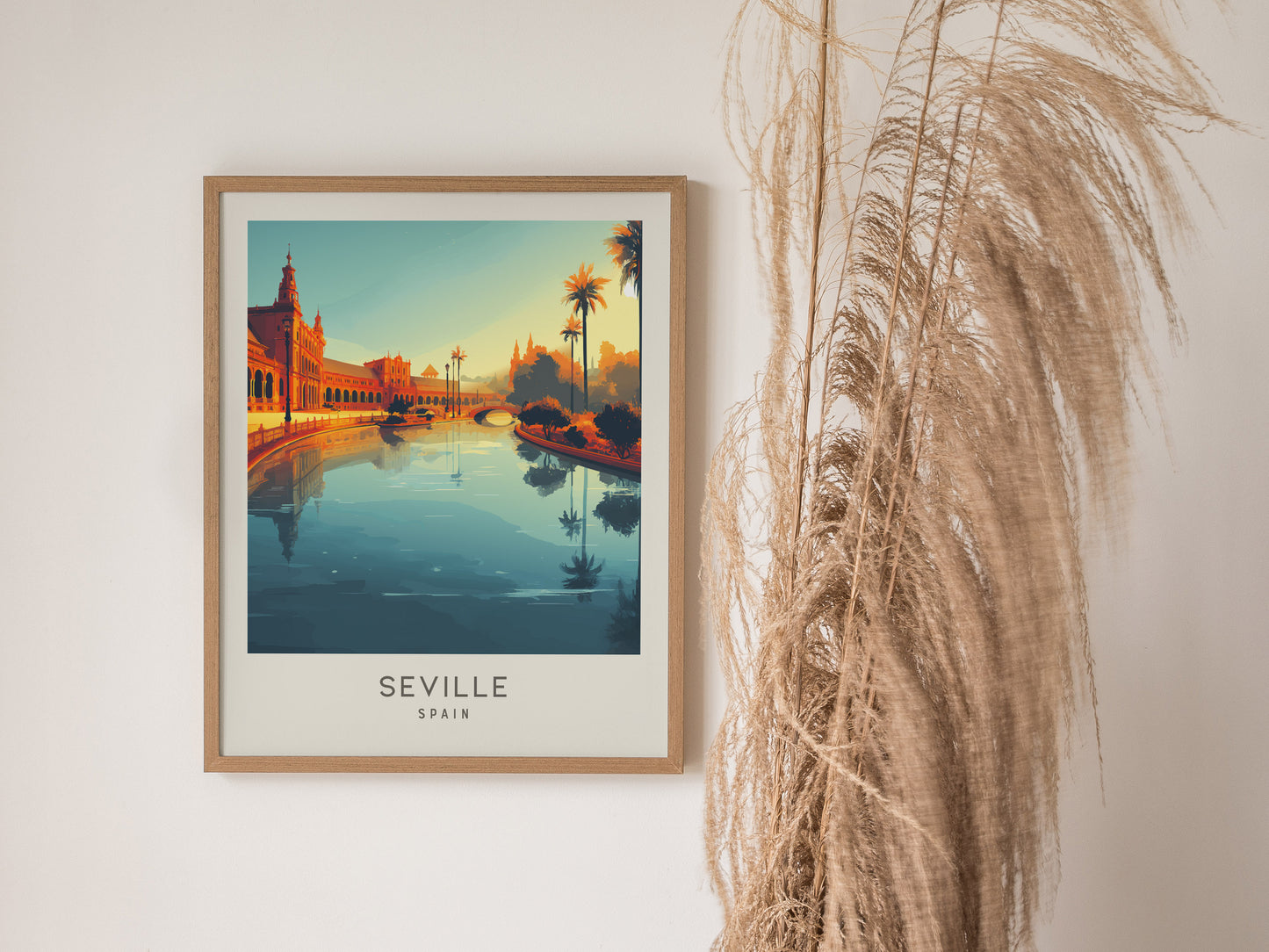 Seville Matte Border Poster | Spain Destination Print Travel Wall Art — styled in a modern interior