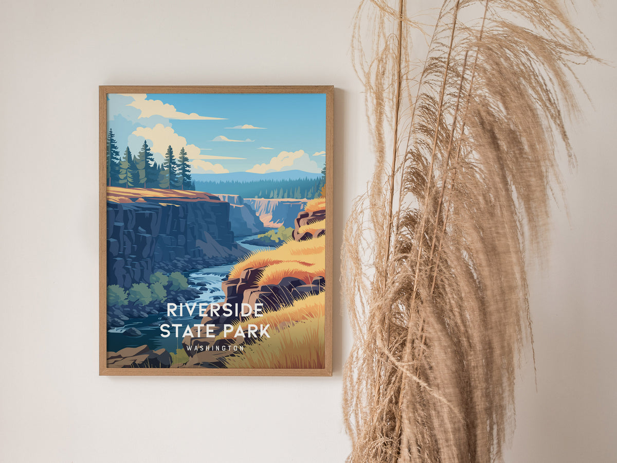 Riverside State Park, Washington Poster | Scenic River Trail Destination Print Wall Art — styled in a modern interior