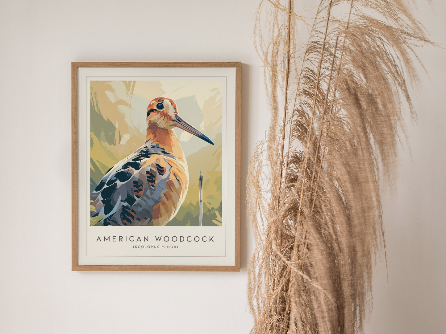 American Woodcock Poster | Woodland Shorebird Nature Illustration Wall Art — styled in a modern interior