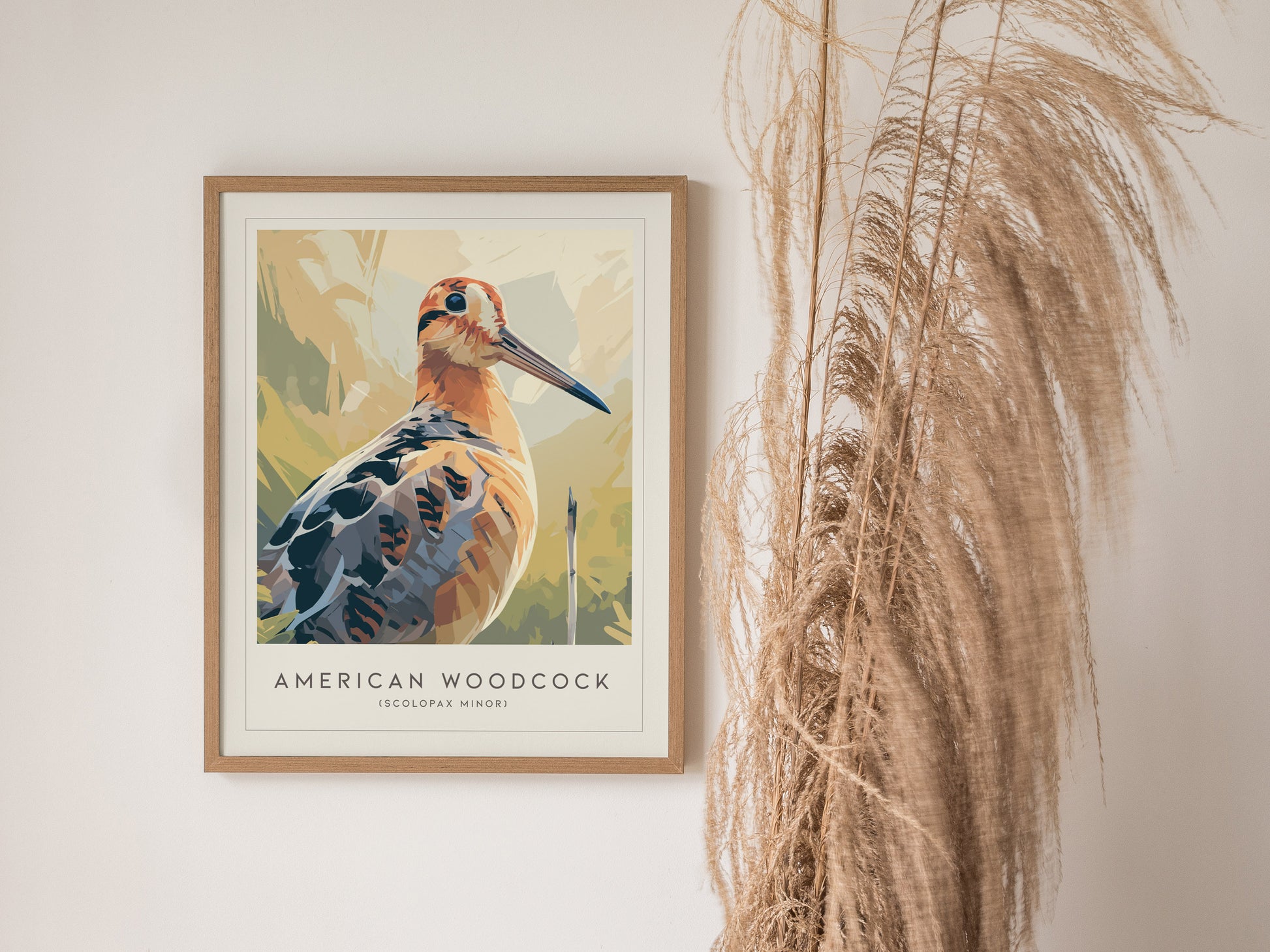 American Woodcock Poster | Woodland Shorebird Nature Illustration Wall Art — styled in a modern interior