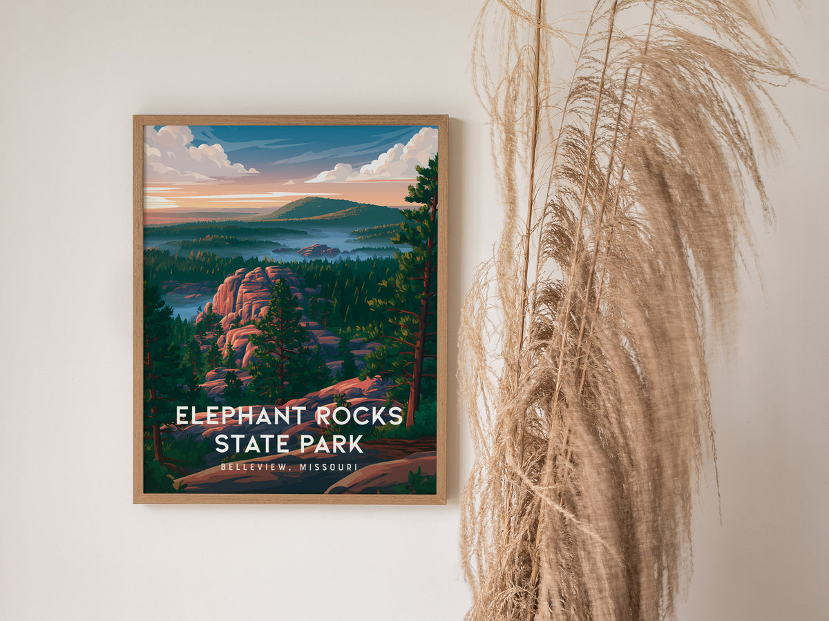 Elephant Rocks State Park, Belleview, Missouri Poster | Ancient Granite Boulders Travel Wall Art — styled in a modern interio