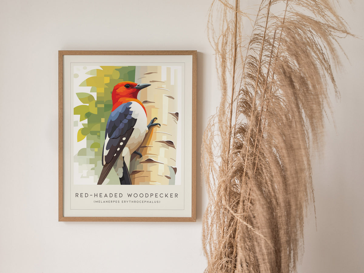 Red-headed Woodpecker, Melanerpes erythrocephalus Poster | Bold Bird Wall Art Nature Print — styled in a modern interior