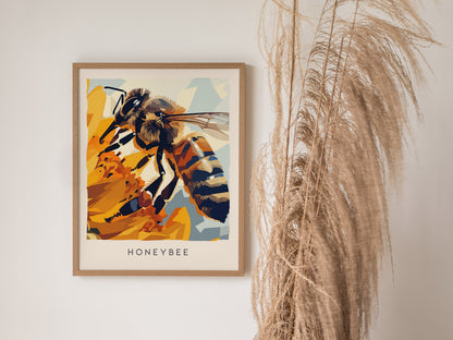 Honeybee, Wildlife Poster | Golden Pollinator Botanical Garden Wall Art — styled in a modern interior