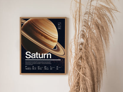 A framed poster of Saturn features the planets rings and essential facts, set against a dark background. Nearby, tall, dried grasses add a natural touch.