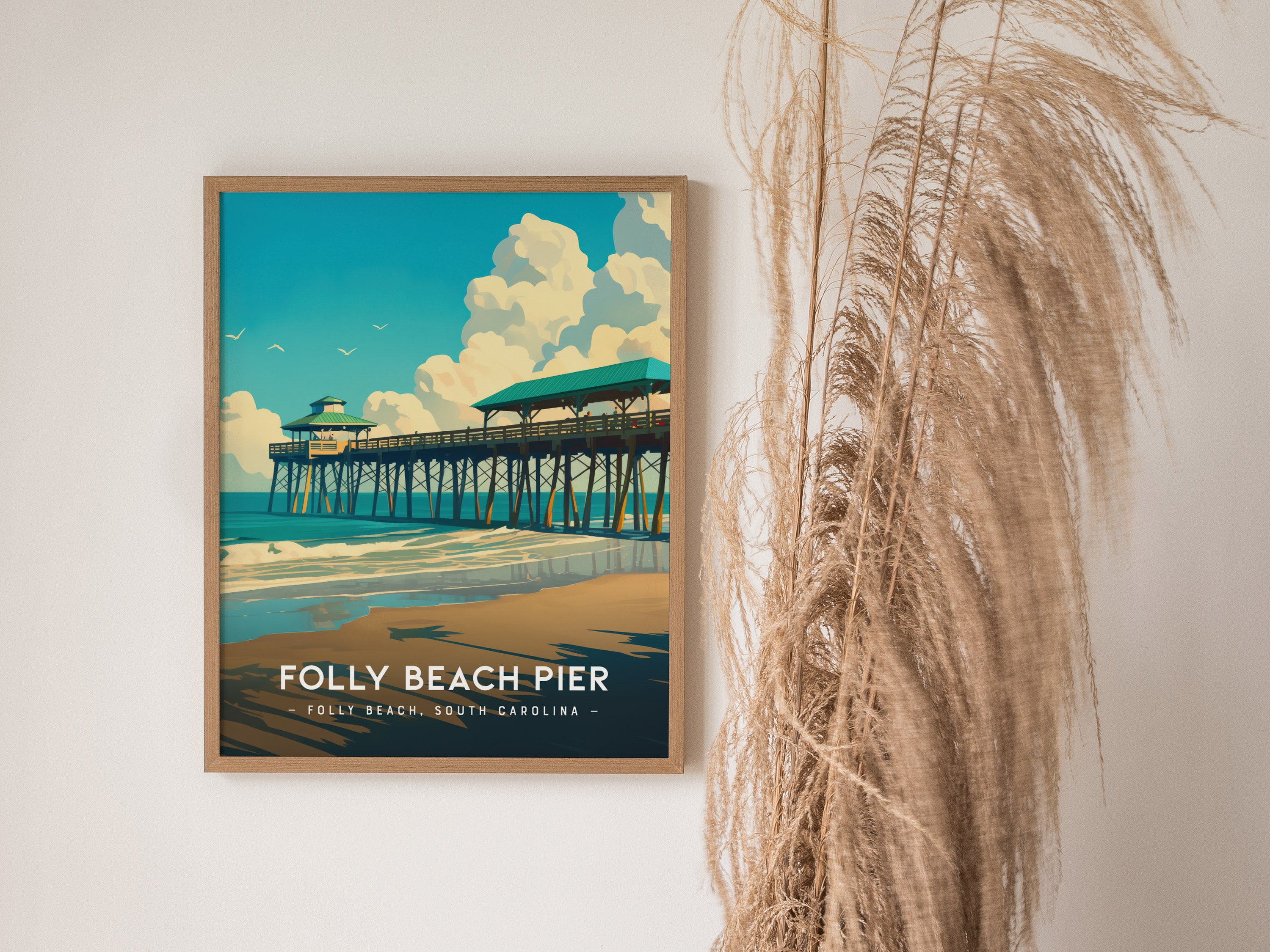 Folly Beach Pier Poster | South Carolina Fishing Wall Art | Framed