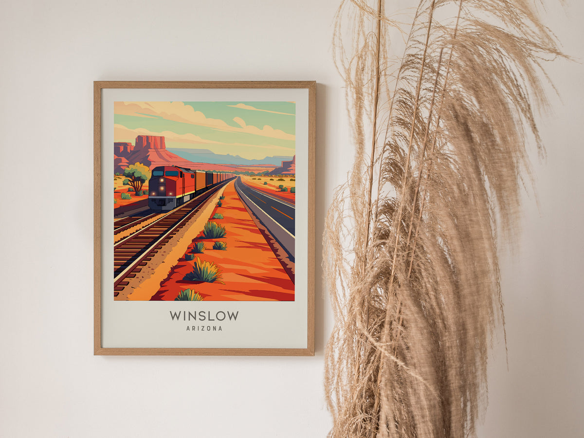 Winslow Matte Border Poster | Arizona Travel Wall Art — styled in a modern interior