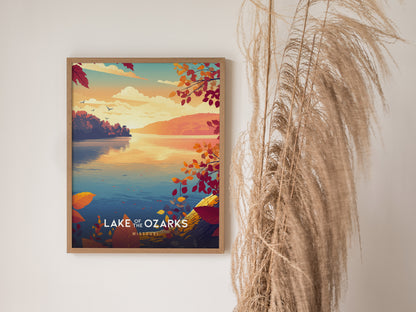 Vibrant autumn landscape of Lake of the Ozarks in Missouri, featuring bold colors and serene water, framed travel print art.