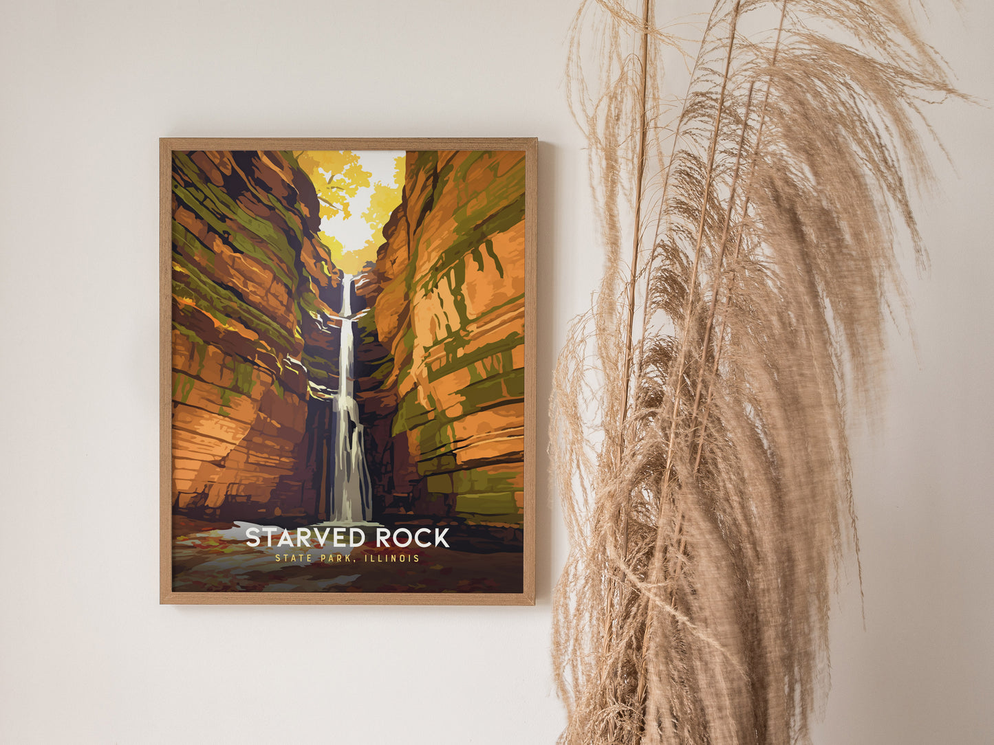 Starved Rock State Park, Illinois Poster | Canyon Waterfall Destination Print Wall Art — styled in a modern interior