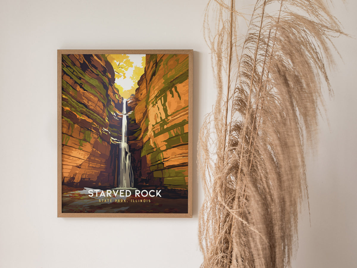 Starved Rock State Park, Illinois Poster | Canyon Waterfall Destination Print Wall Art — styled in a modern interior