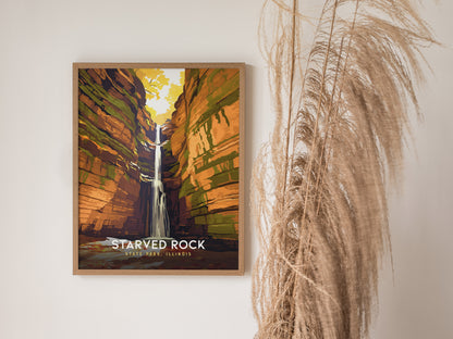 Starved Rock State Park, Illinois Poster | Canyon Waterfall Destination Print Wall Art — styled in a modern interior