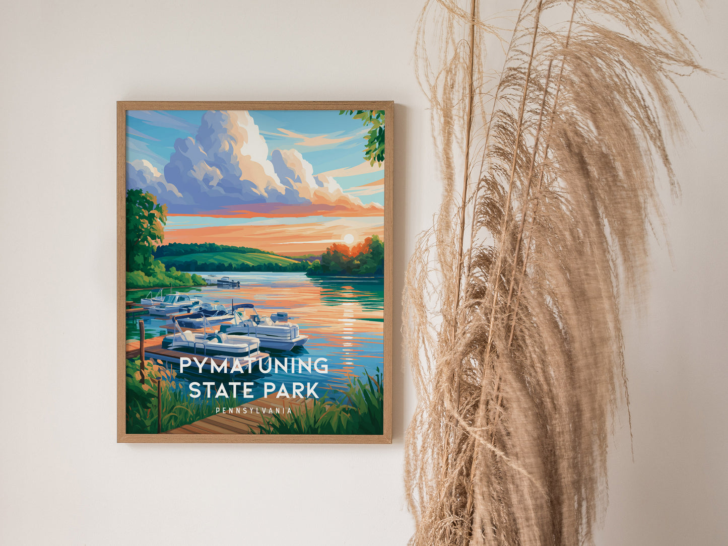 Pymatuning State Park, Pennsylvania Poster | Lakeside Geese & Spillway Wall Art — styled in a modern interior