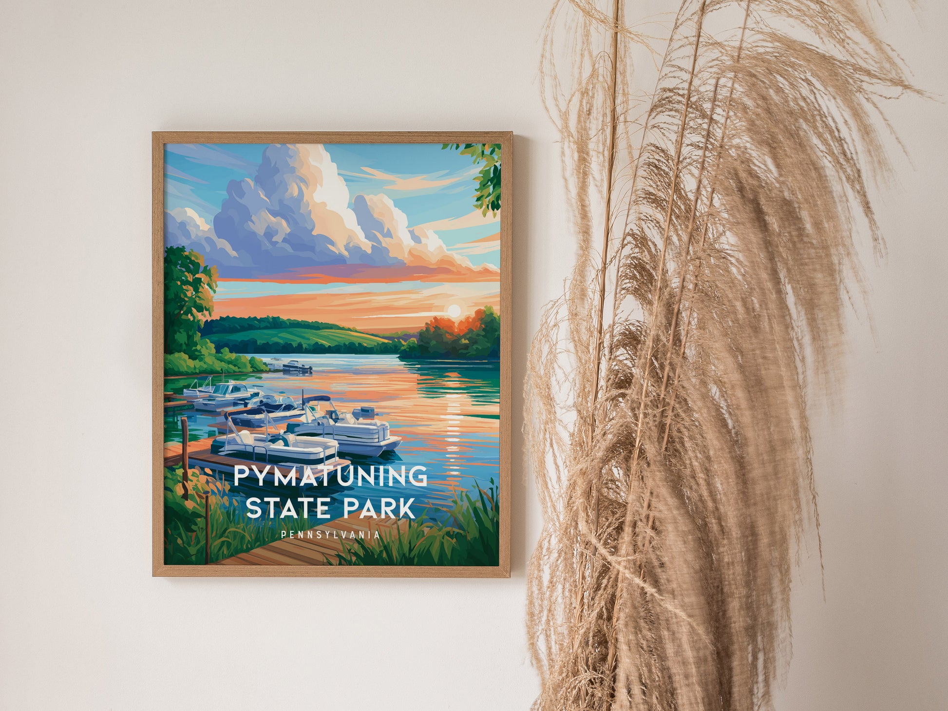 Pymatuning State Park, Pennsylvania Poster | Lakeside Geese & Spillway Wall Art — styled in a modern interior