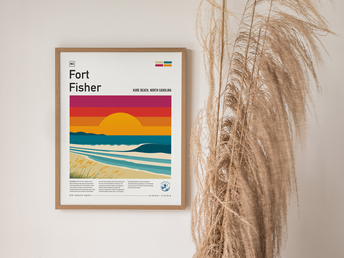 Fort Fisher, Kure Beach, North Carolina Poster | Surf Wall Art & Coastal Waves Print — styled in a modern interior