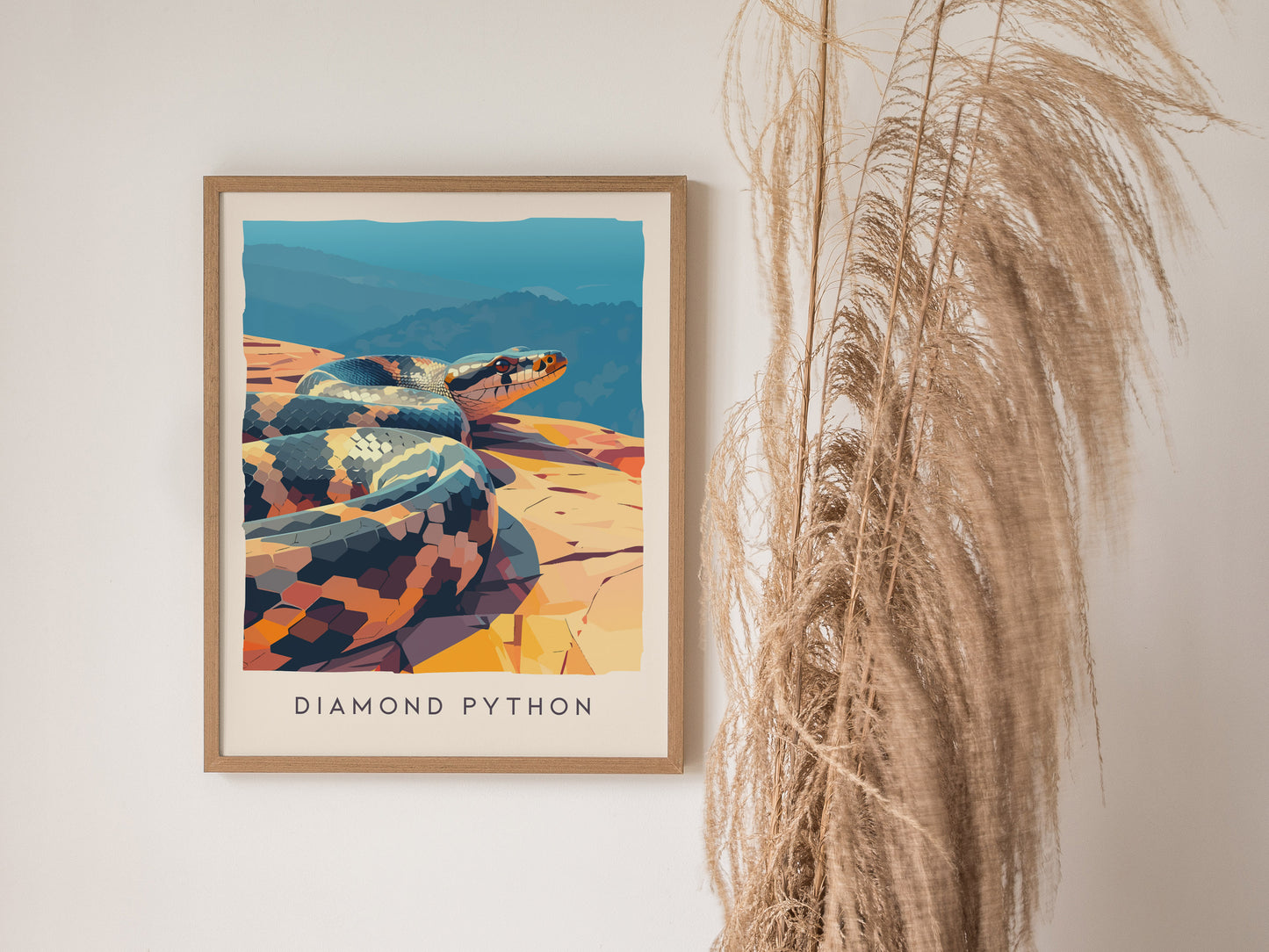 Diamond Python, Australia Poster | Serpent in the Sunlit Canopy Wall Art — styled in a modern interior