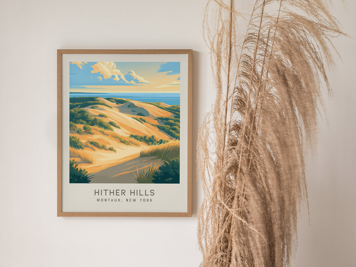 Hither Hills Matte Border Poster | Montauk, New York Travel Wall Art — styled in a modern interior
