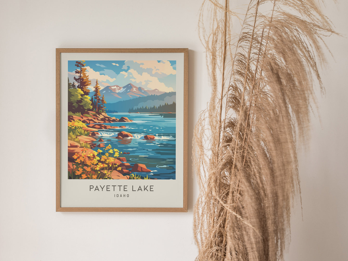 Payette Lake Matte Border Poster | Idaho Travel Wall Art — styled in a modern interior