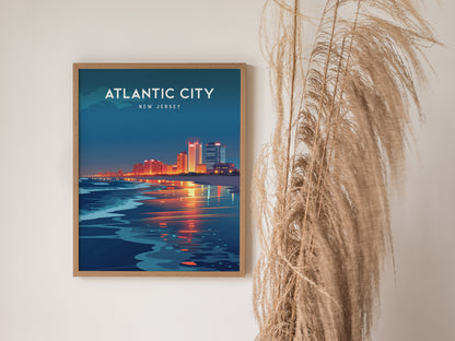 Atlantic City, New Jersey Poster | Boardwalk & Steel Pier Coastal Wall Art — styled in a modern interior